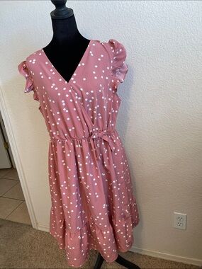 Girls' Pink Polka Dot Ruffle Sleeve Dress